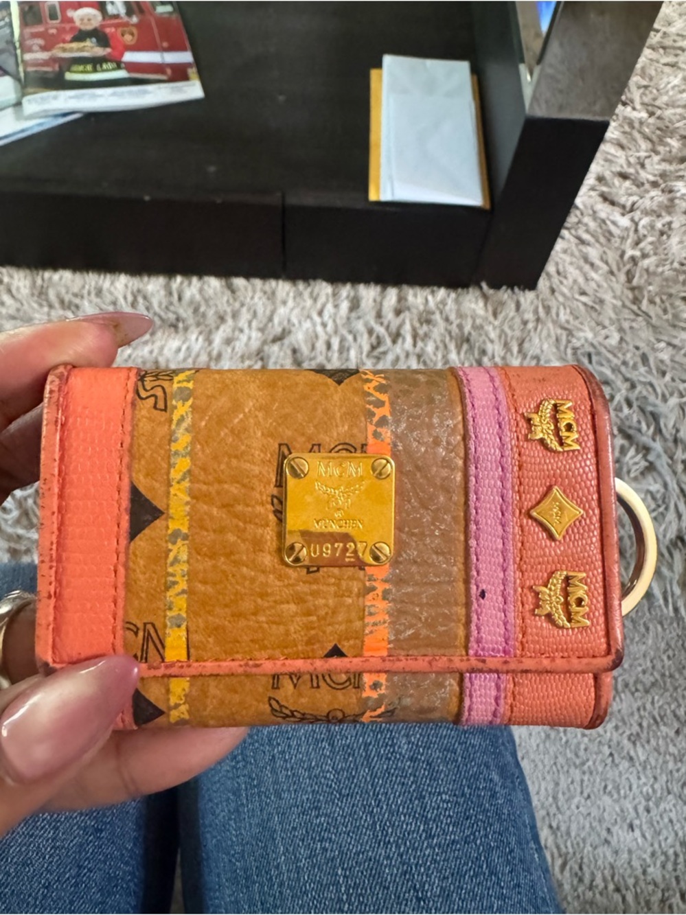 MCM Colorblock Trifold Key Pouch Wallet in Orange, Pink and Cognac/Beige